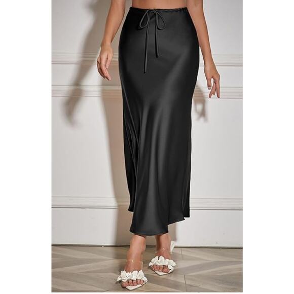 Facogoo Dresses & Skirts - Women's Maxi Skirts Satin Drawstring High Waisted Silk Elegant Flowy Casual